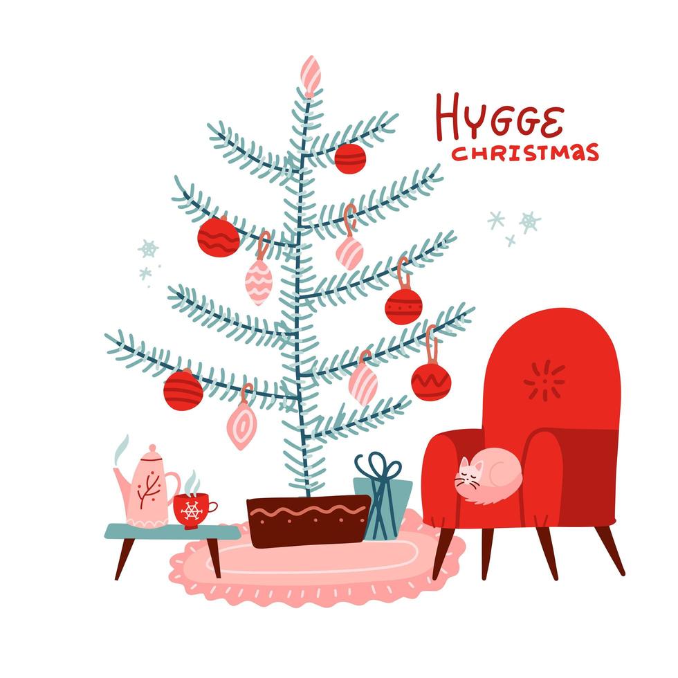 Red armchair with cat and table with cup of tea or coffee, teapot, . Decorated christmas tree with decoration balls and baubles. Flat scandinavian style vector illustration.