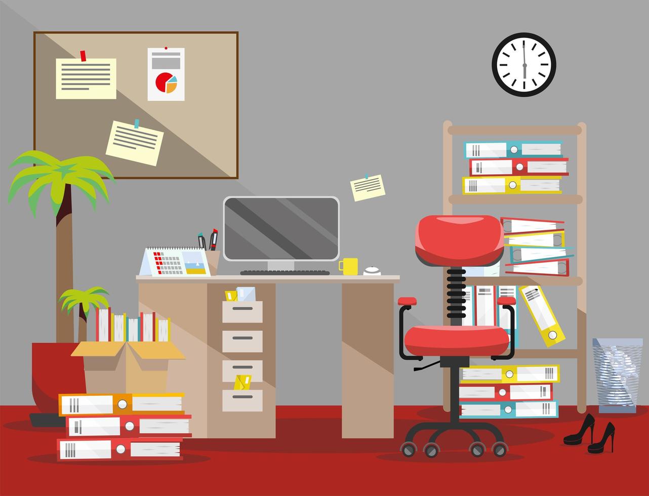 Evening Order on the desktop. Pile of paper documents and file folders in cardboard boxes on the shelves. Flat vector illustration of chair and waste-basket in the interior with grey walls, red carpet