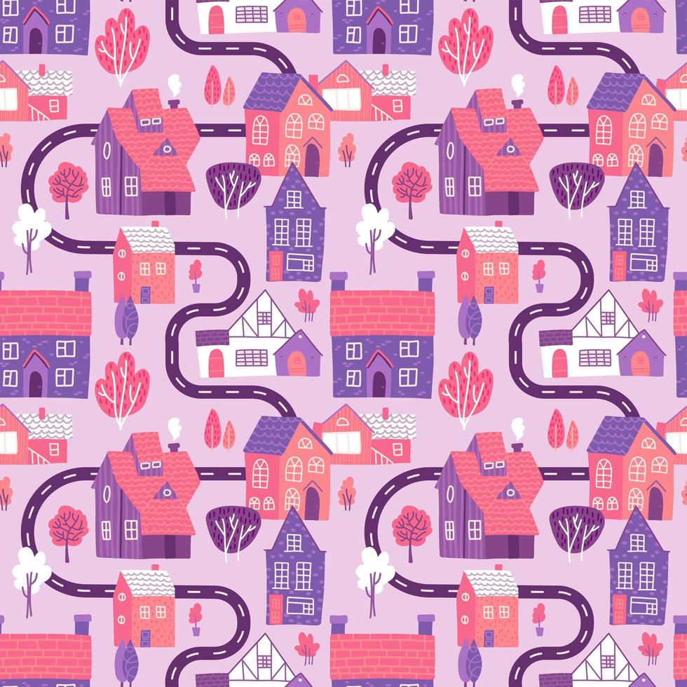 Cute seamless pattern with road, houses and trees on pink background. Spring town map. Flat vector illustration.