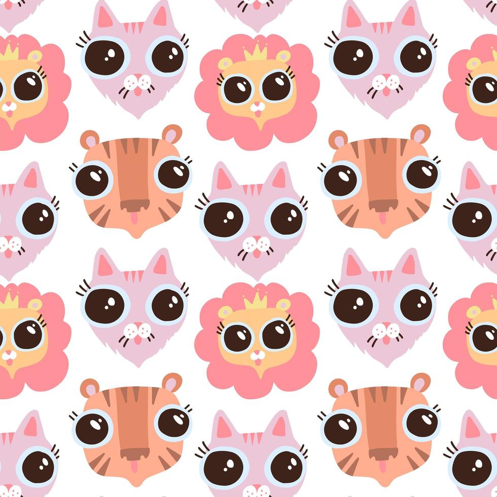 Vector funny flat cartoon cat and lion heads seamless pattern. Flat Feline background. Faces with big eyes.