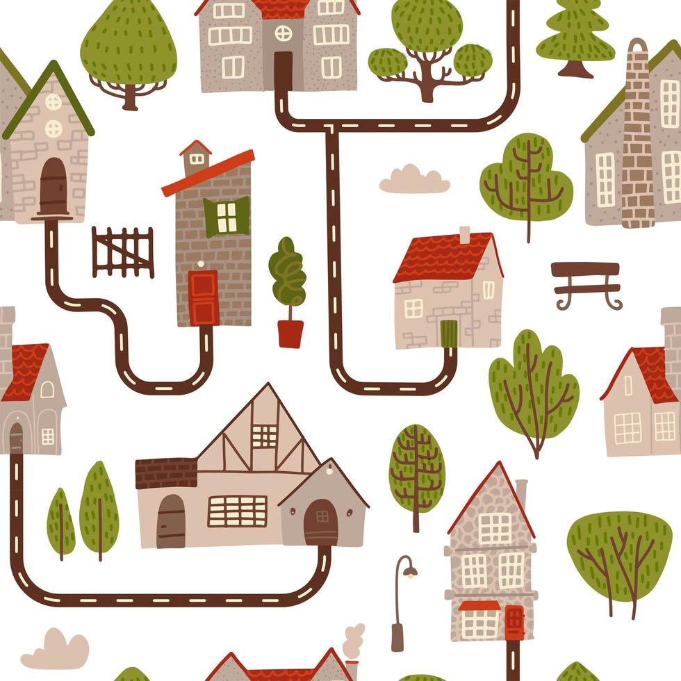 Seamless pattern with happy village retro stone houses and roads. Summer banner background. Flat vector illustration.