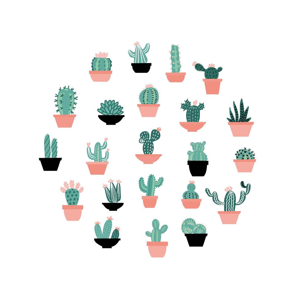 Circle composition with succulents in hand drawn scandinavian style. Set of house plants. Poster, banner, greeting card, print isolated elements. Vector color illustration on white background.