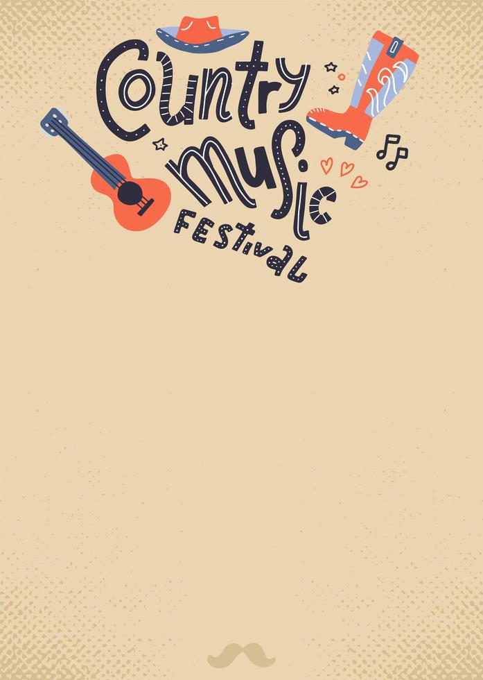 festival de música country formulario vacío sobre fondo de papel viejo con letras e ilustraciones dibujadas a mano. cartel de vector con guitarra acústica y sombrero de vaquero