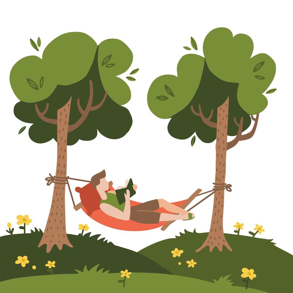 Man lying in a hammock and reading book. Hammock hanging between green trees. Flat hand drawn vector Illustration on a white background. Summer camping concept