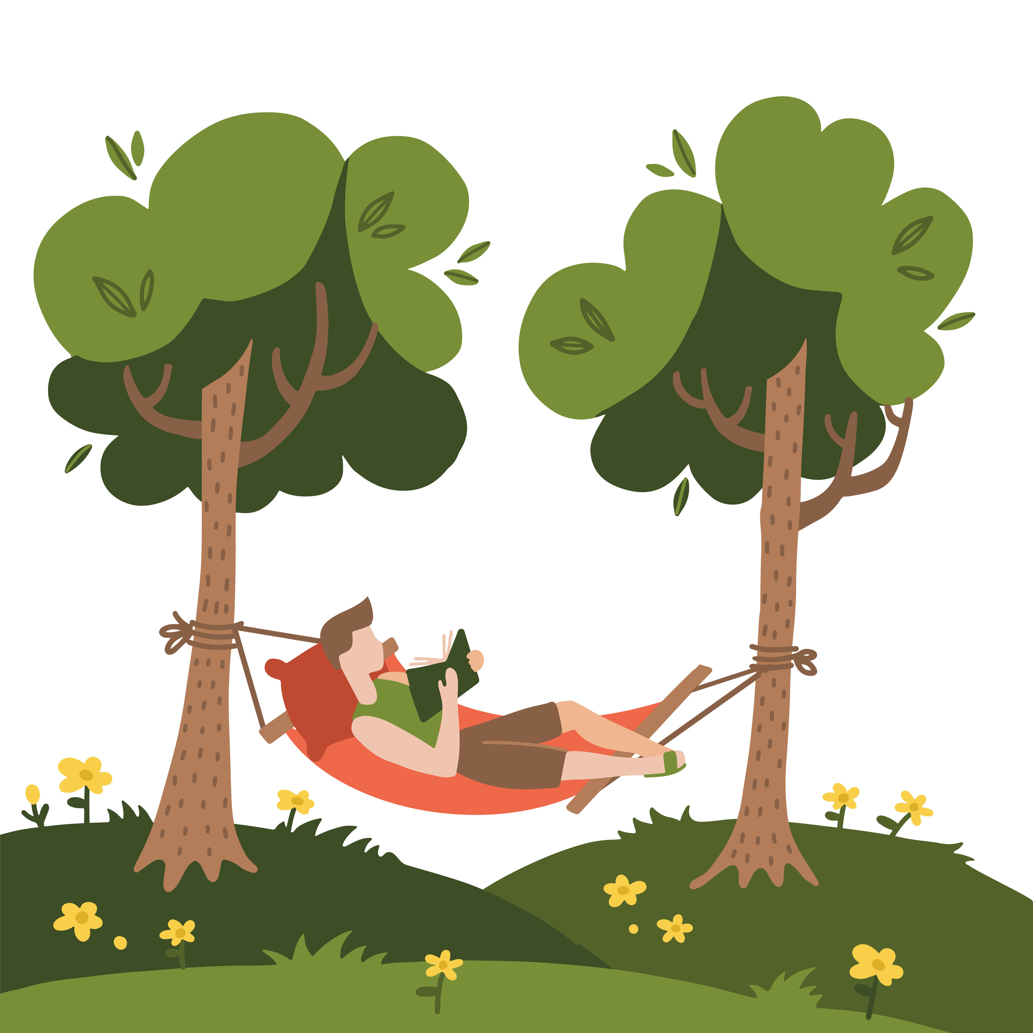 Man lying in a hammock and reading book. Hammock hanging between green