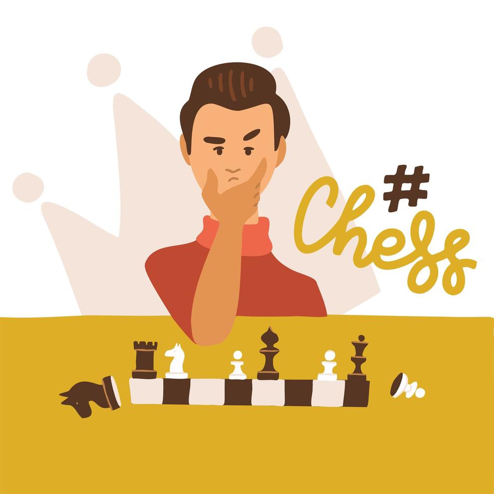ilustración de vector plano de dibujos animados divertido ajedrecista jugar al ajedrez. personaje de vista frontal con letras. hombre jugador reflexionando sobre un movimiento.