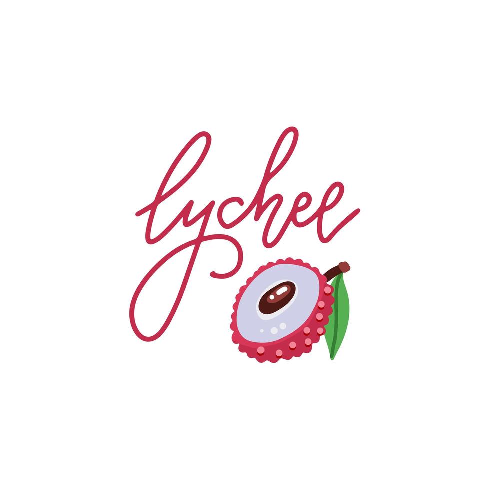 Logo of sweet lychee with hand drawn linear lettering text. Flat cartoon style. Vector icon illustration on isolated white background