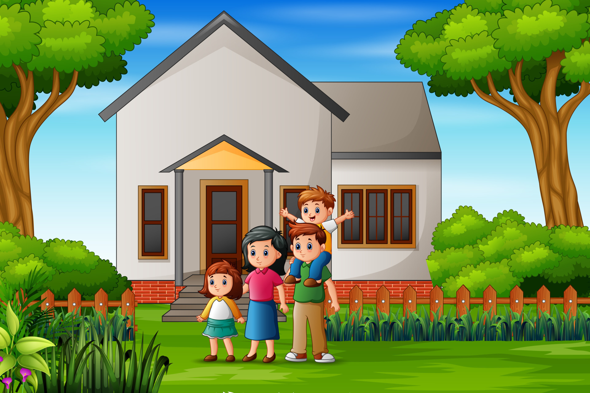 Cartoon family in front of the house yard 6135702 Vector Art at Vecteezy Cartoon family in front of the house yard 6135702 Vector Art at Vecteezy