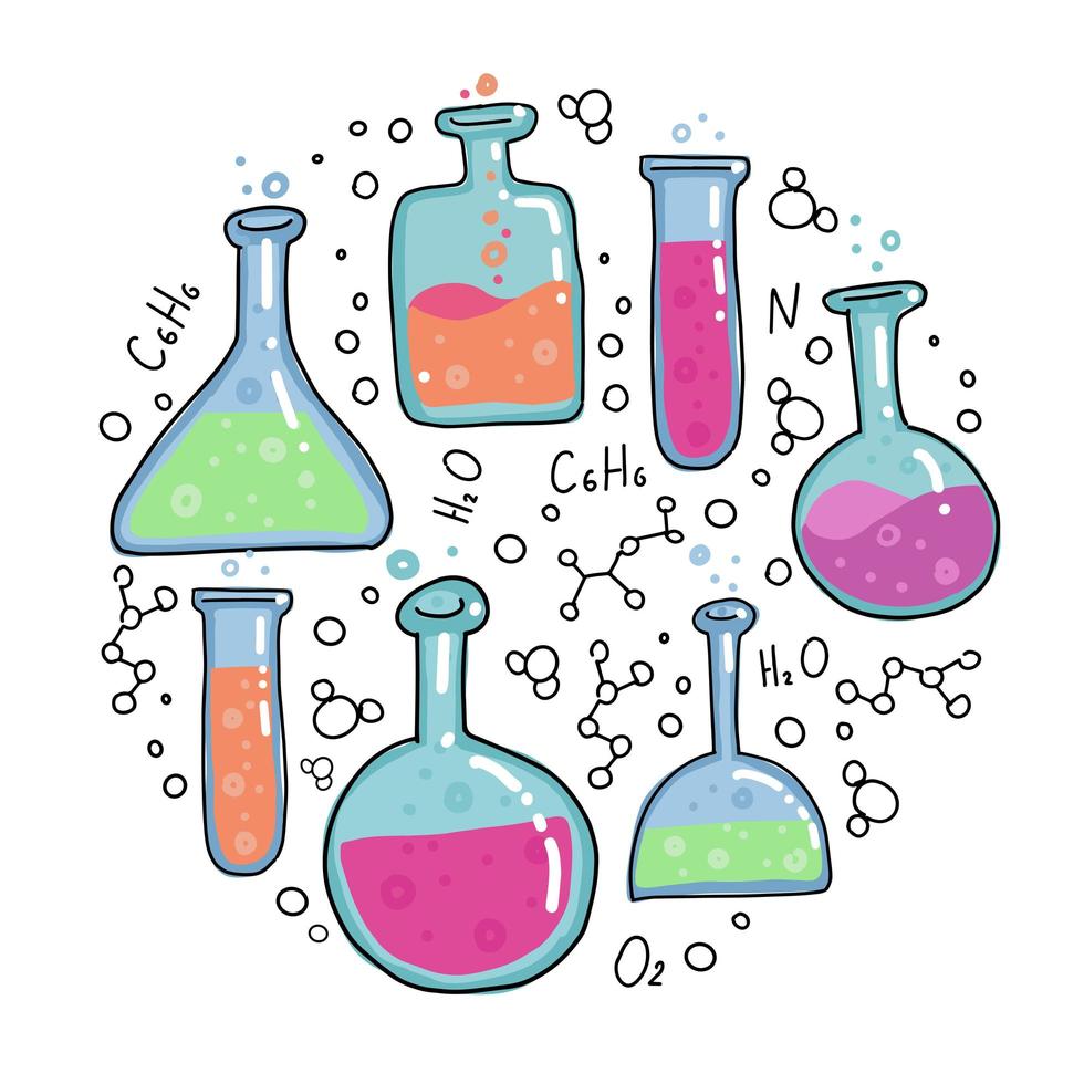 tubos de ensayo de química vector bosquejo esbozado concepto redondo educación e ilustración científica en estilo de garabato de color de línea delgada. conjunto de bombilla redonda dibujada a mano con líquido de burbuja rosa sobre fondo blanco.