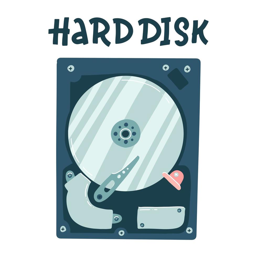 Internal computer Hard disk. Harddisk flat vector illustration with hand drawn lettering,