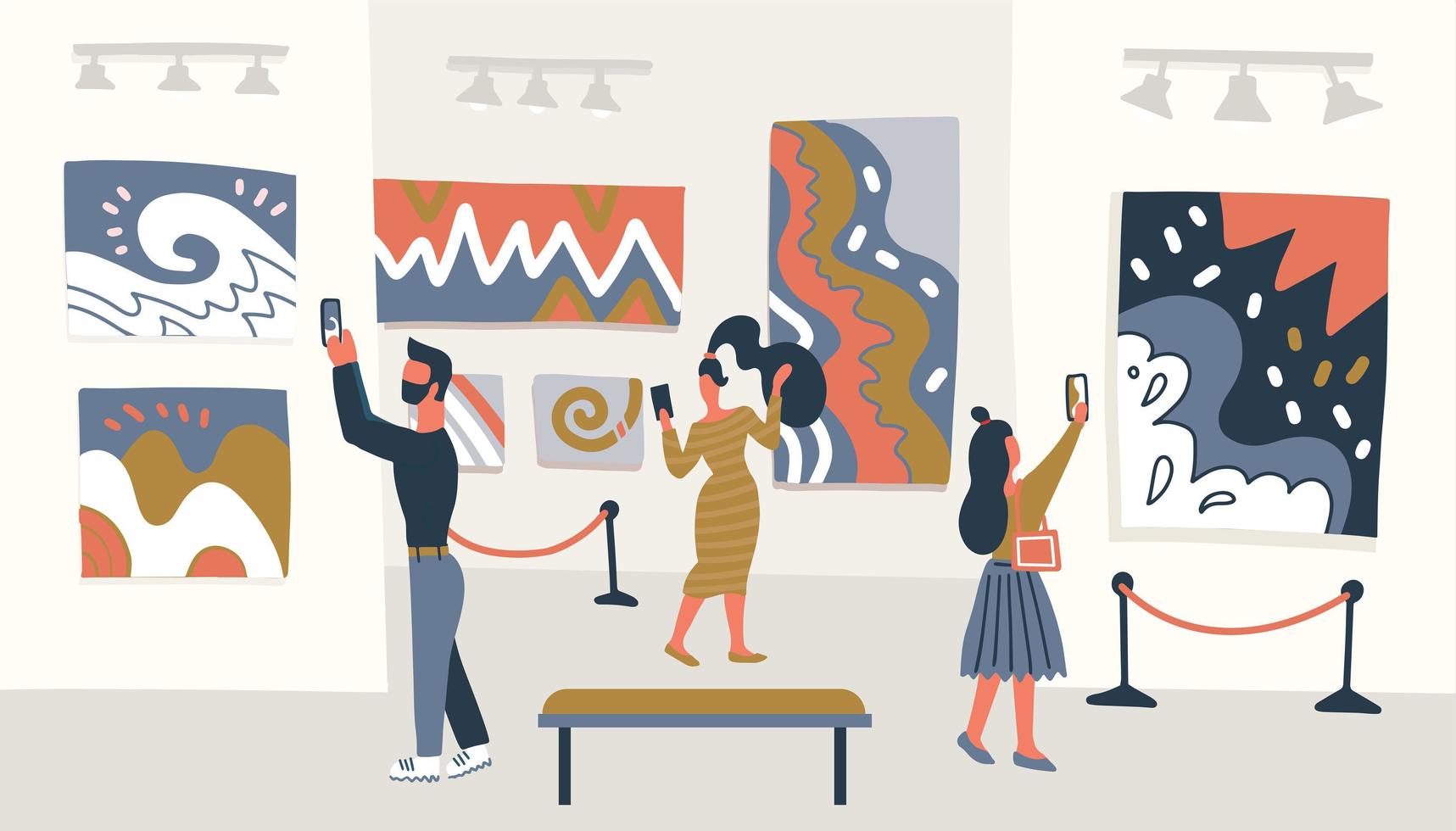 Contemporary abstract art museum concept. Exhibition visitors looking at the painting hanging on gallery wall, people viewing museum exhibit. Vector flat illustration.