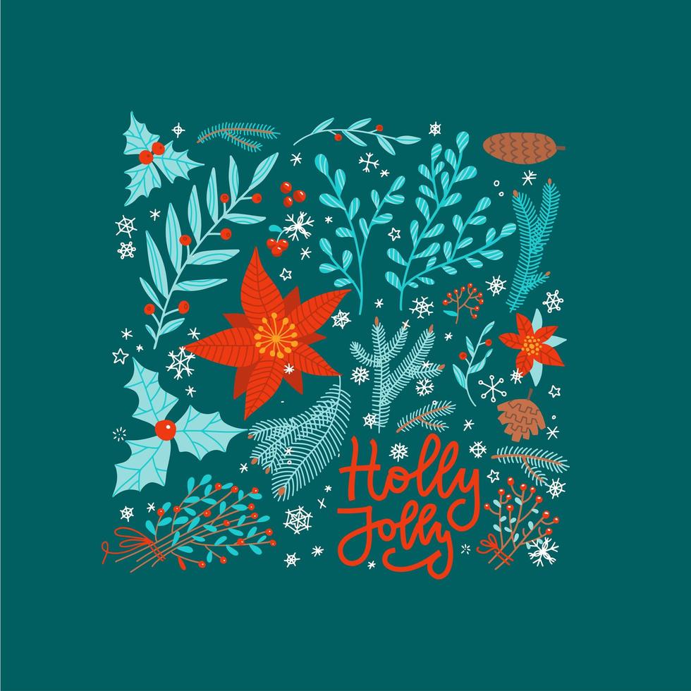 tarjeta de felicitación de navidad holly jolly con cuadrado adornado con flor de nochebuena y follaje de invierno. ilustración vectorial dibujada a mano plana. texto de letras vector