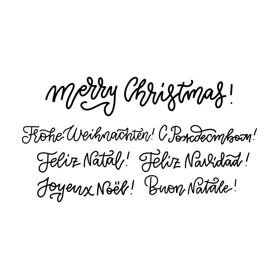 Merry Christmas lettering set in different languages - Russian, Italian, Spanish, French, German, English. Holidays vintage linear calligraphy for invitation, greeting card, prints vector