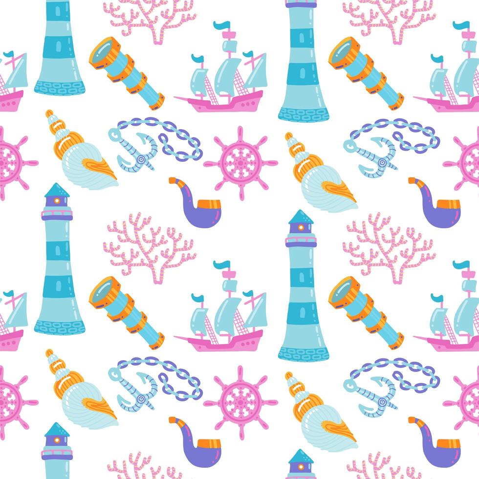 Cartoon hand-drawn nautical marine Seamless pattern with hand drawn ship, seashells, lighthouse and ankor. Colorful detailed,with lots of objects funny vector background.