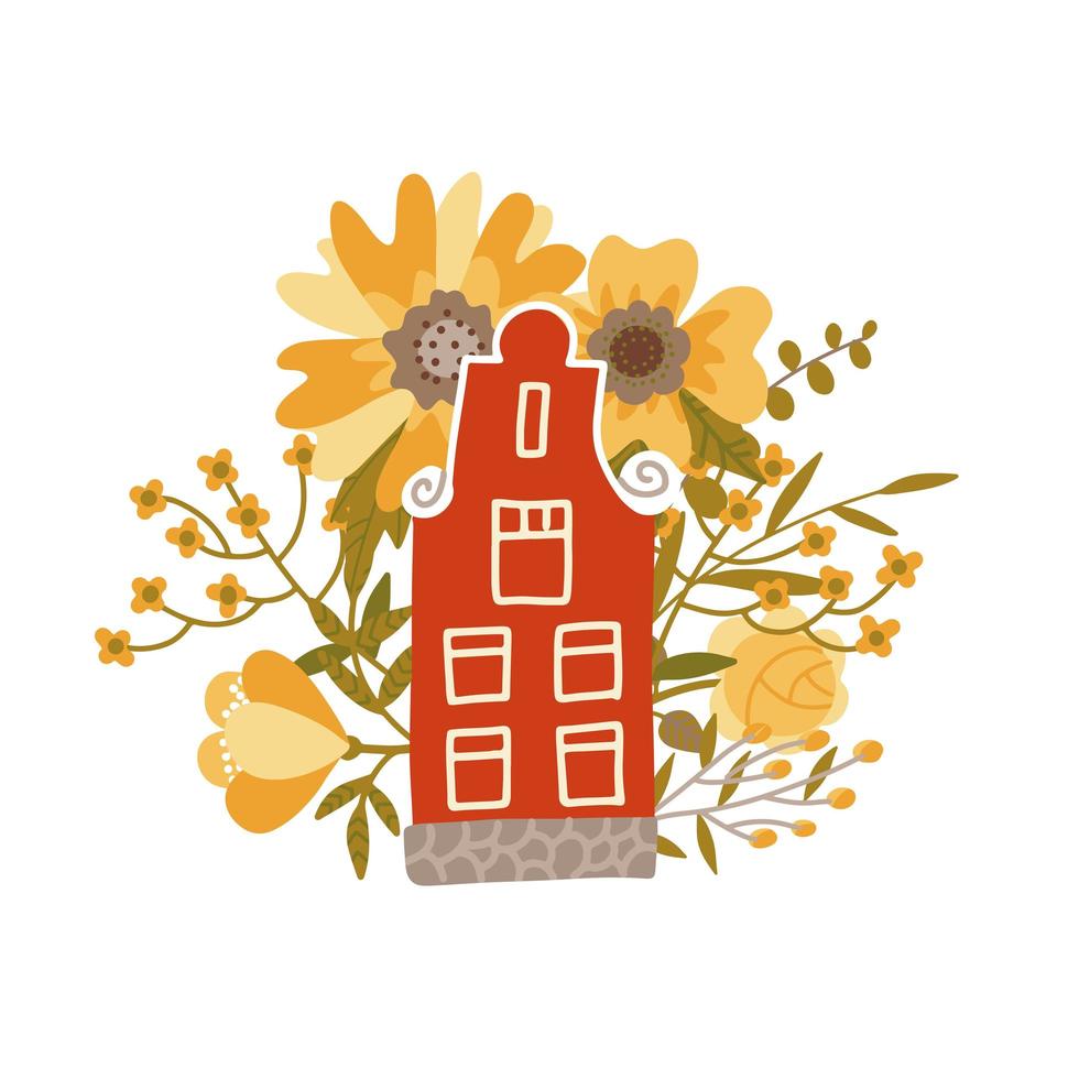 Netherlands traditional small house on the colorful big flowers background. Flat style vector illustration. Tour booklet cover, postcard design, souvenir card for tourist attractions.