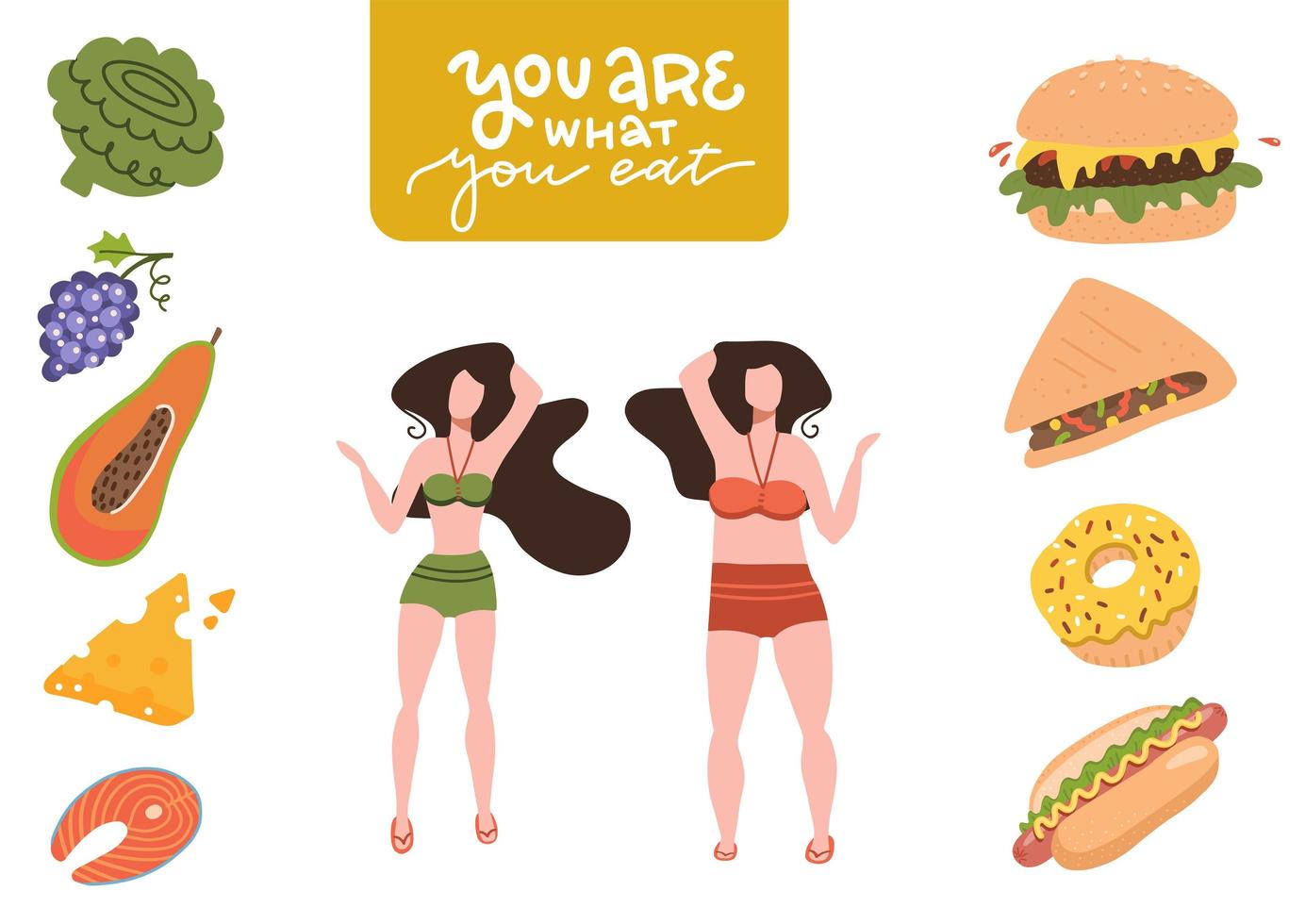 Fat and slim Women choosing between healthy and unhealthy food. Fast Food vs balanced menu comparison. Concepts diet healthy eating. Female cartoon character in a swimsuit . Flat vector illustration.