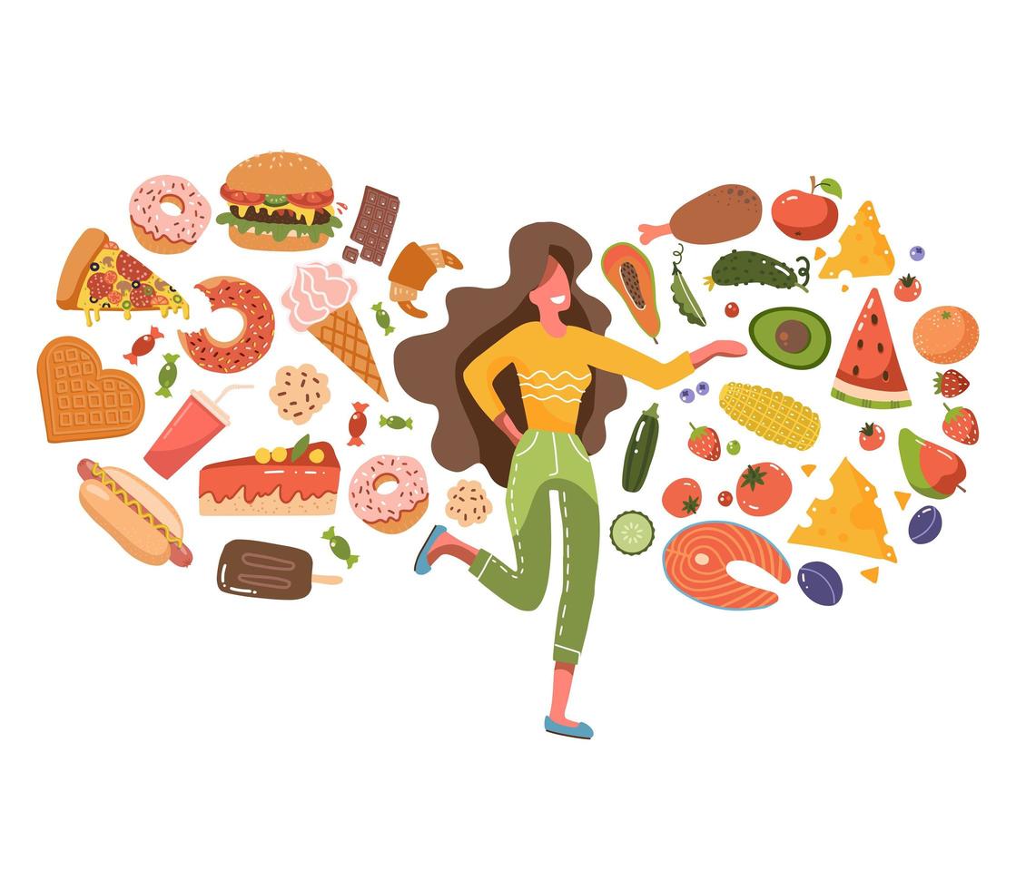 Cute woman confused about choosing healthy or unhealthy foods. Fast food vs healthy food menu. Female character on a diet and healthy food. Flat vector illustration isolated on white background.