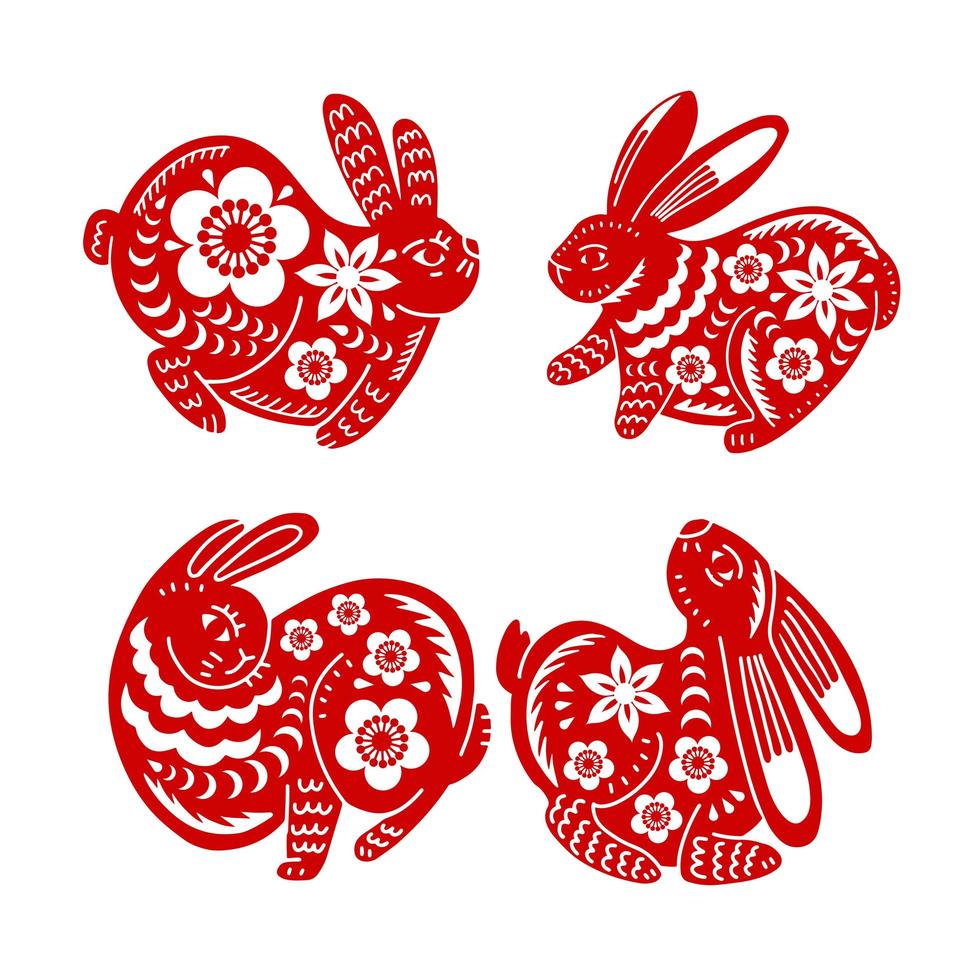 conjunto de siluetas de conejo de año nuevo lunar chino. íconos aislados con animales del zodiaco asiático. conejos cortados en papel rojo con adornos de flores orientales, año nuevo chino diseño vector simple ilustración