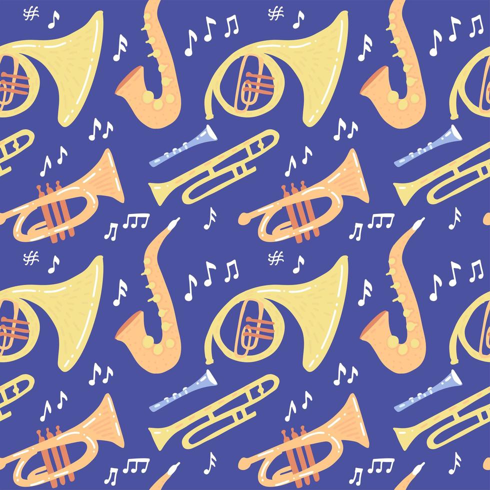Seamless pattern with wind musical instruments - trombone, trumpet, saxophone, french horn on dark blue background. Vector flat hand drawn illustration.