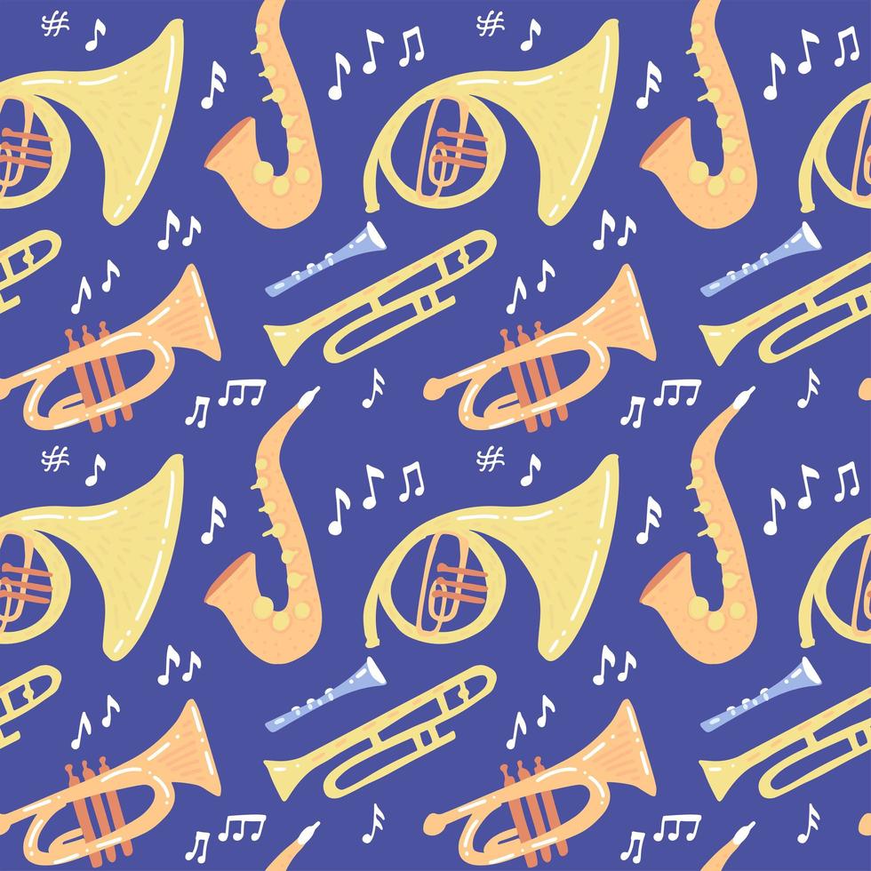 patrón impecable con instrumentos musicales de viento: trombón, trompeta, saxofón, cuerno francés sobre fondo azul oscuro. ilustración dibujada a mano plana vectorial. vector