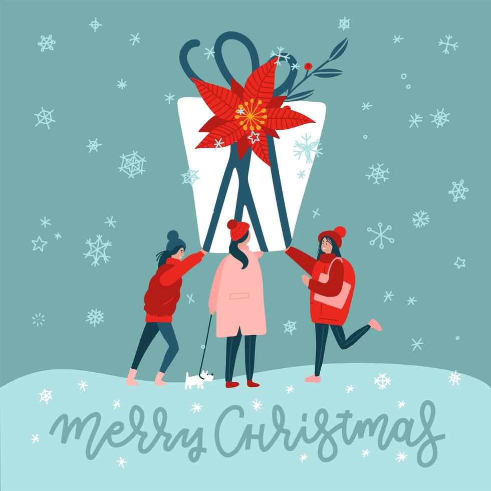 Square greeting card of tree women carrying a large gift box. Cristmas huge Present. Female Human characters outdoor. Flat vector illustration with lettering.