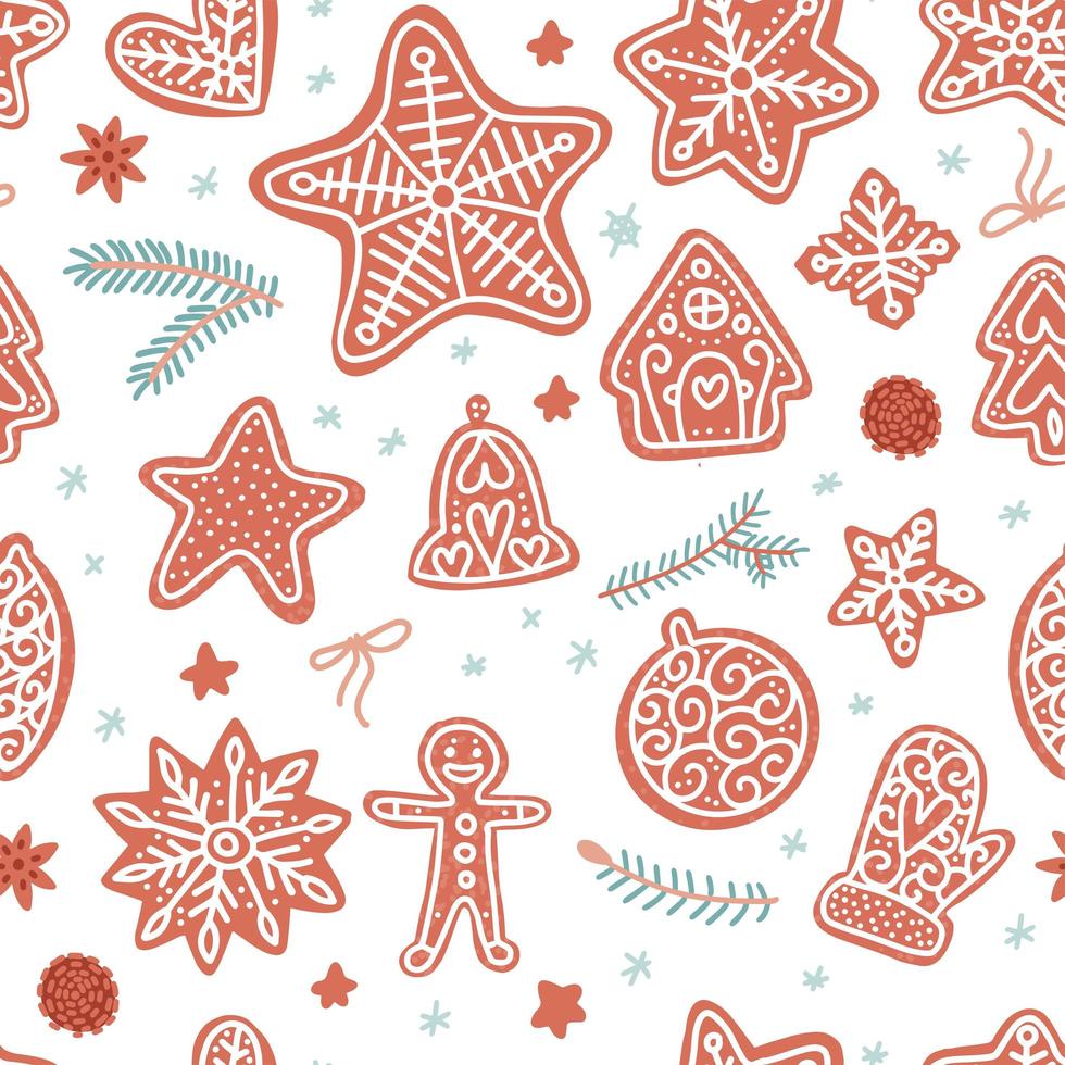 Flat hand drawn seamless pattern for Christmas and New year with sweet gingerbread cookies. For wallpaper, backdrop, wrapping paper. Textile design. Holiday style scandinvian background. vector