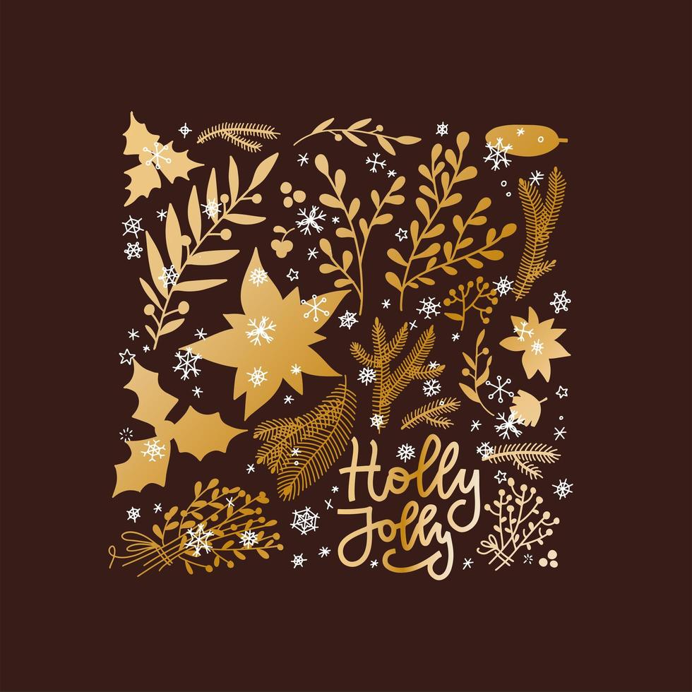 Square Christmas card with winter plants, flowers, branches. Elegant vintage golden pattern in dark brown background. Flat illustration with lettering Holly Jolly vector