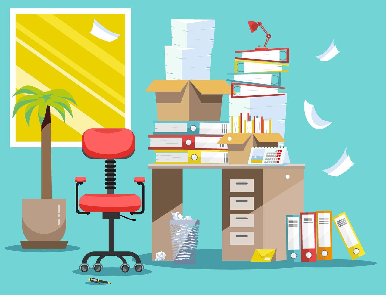 Period of accountants and financier reports submission. Pile of paper documents and file folders in cardboard boxes on office table. Flat vector illustration windows, chair and waste-basket