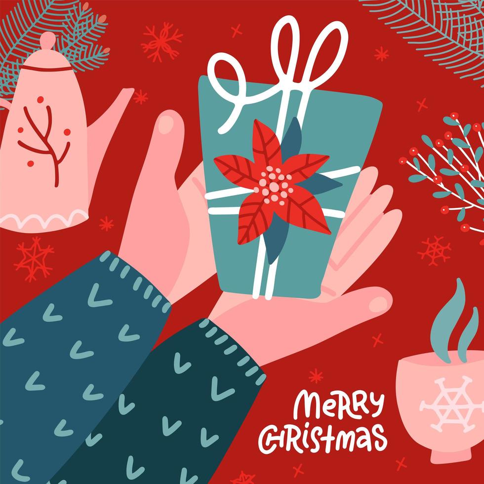 dos manos masculinas sosteniendo caja de regalo, recuerdo de navidad, ilustración de vector plano. el brazo del hombre da regalo de año nuevo. vista superior hygge escena con olla, taza y decoración floral.