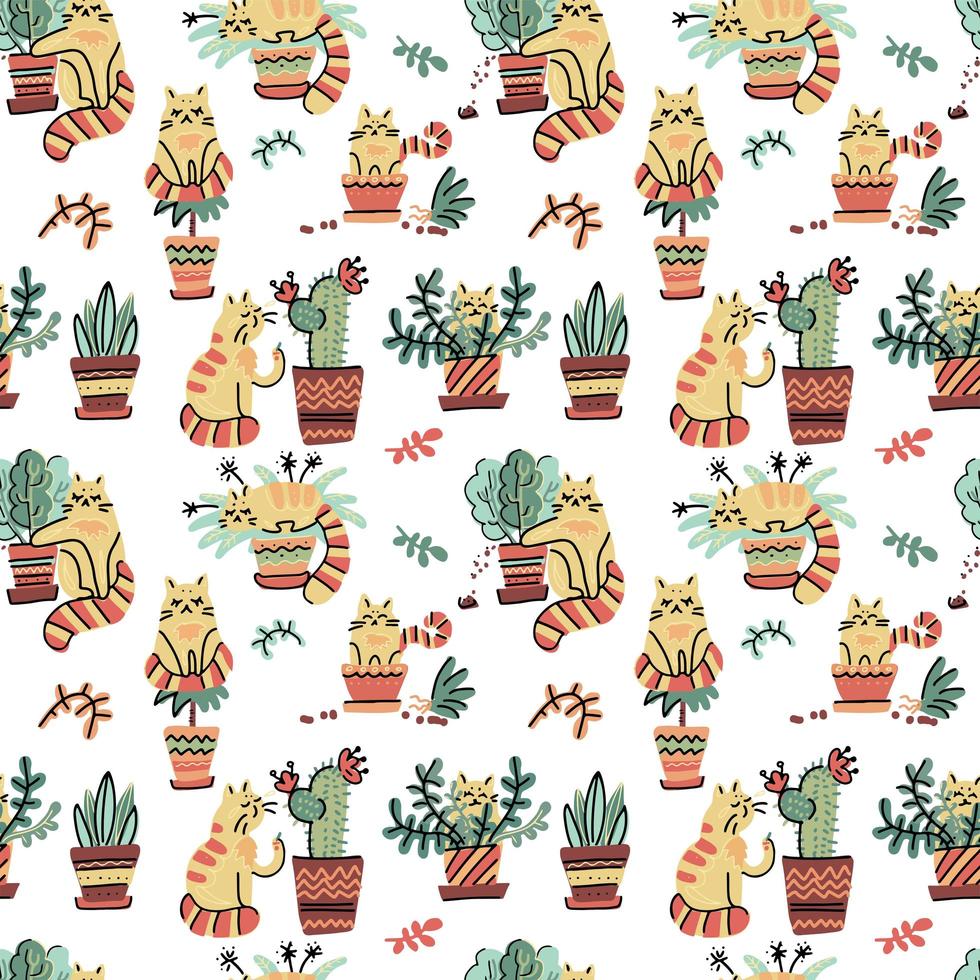 Seamless pattern with Cute hand drawn cats in different poses damaging home plants. Vector flat doodle Scandinavian cartoon characters. Cozy print design with yellow striped kittens and flower pots.
