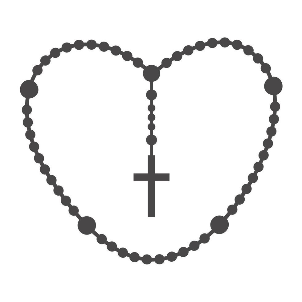 Rosary beads silhouette. Prayer jewelry for meditation. Catholic chaplet with a cross. Religion symbol. Vector illustration.