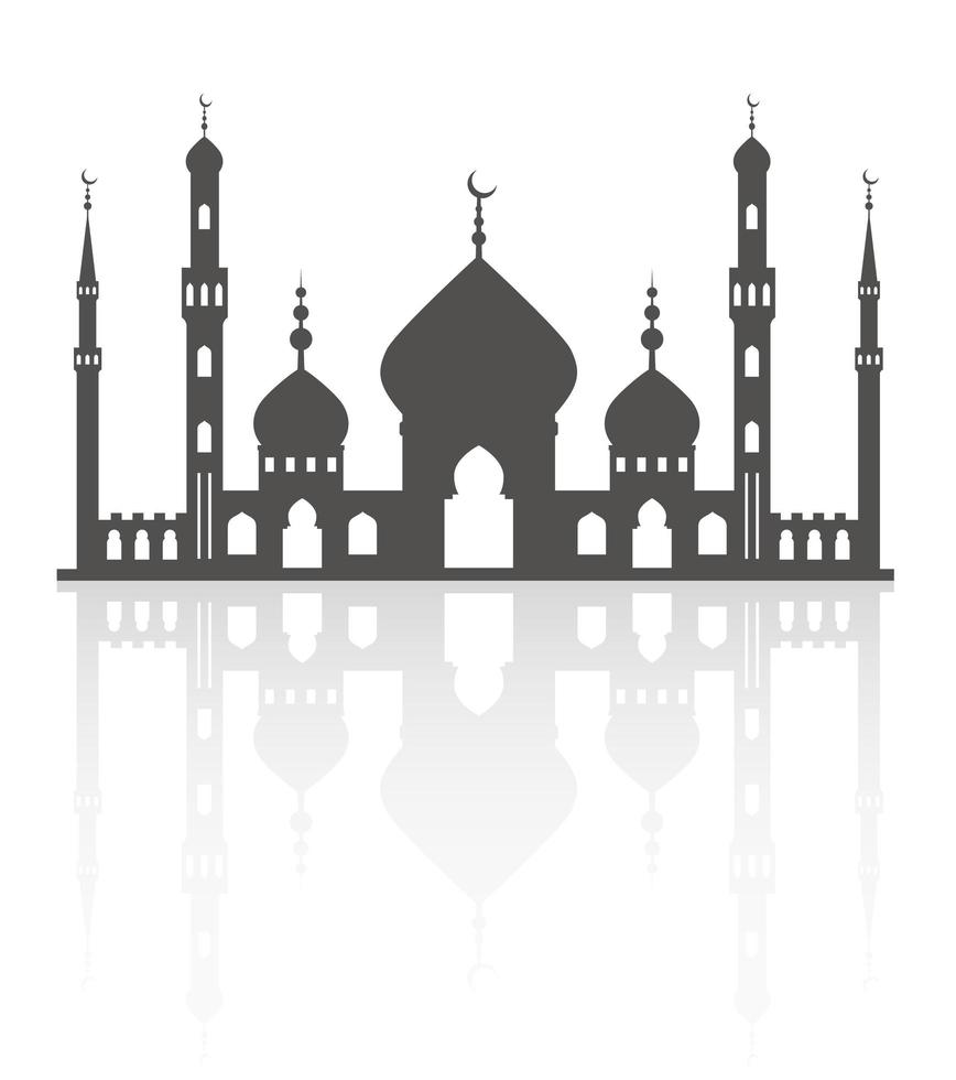 Mosque with minarets on skyline. Islamic architecture silhouette. Istanbul cityscape with reflection isolated on white background. vector