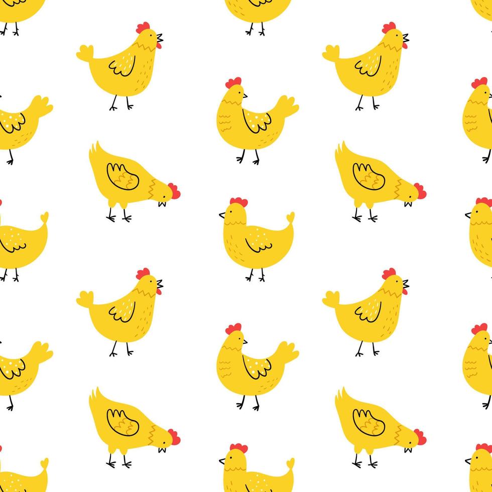 Seamless pattern with cute hand drawn chickens. Vector illustration for background.