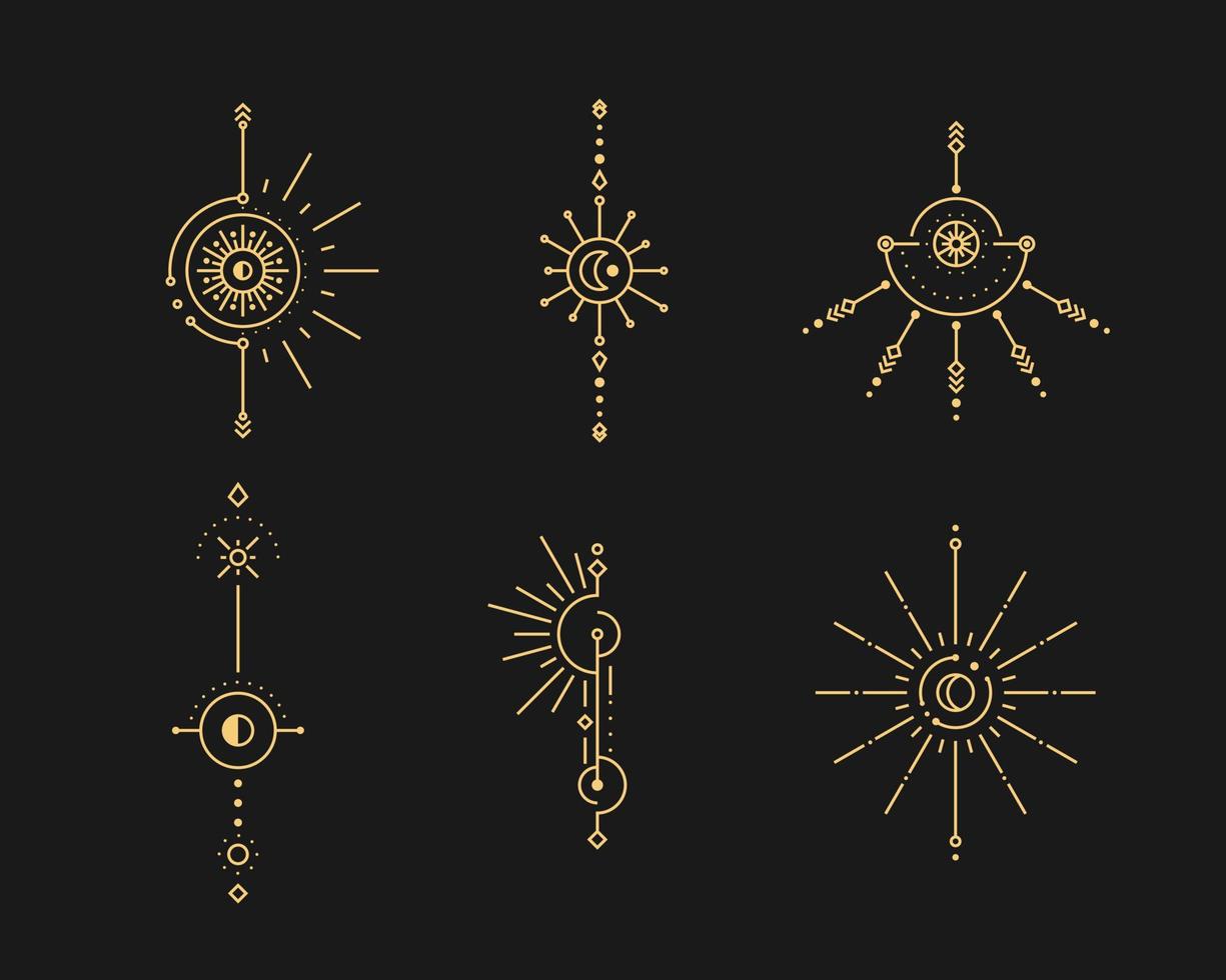 Set of moon and sun line art. Minimal boho linear symbols. Celestial mystic element. Vector line art illustration.