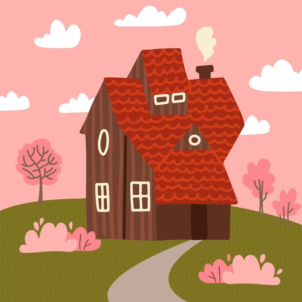 Cozy fair weather spring landscape with small country wooden house and blooming pink trees on the green grass hills. Warm spring background in cartoon style vector