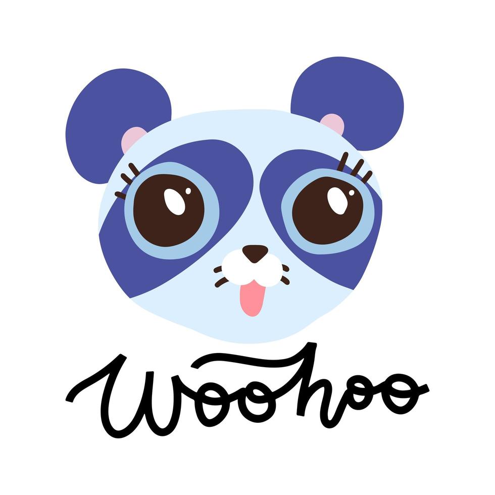 Cute blue panda with big eyes on white backdrop. Hand drawn decorative vector lettering - Woohoo. Kids print for posters, postcards, t-shirt design.