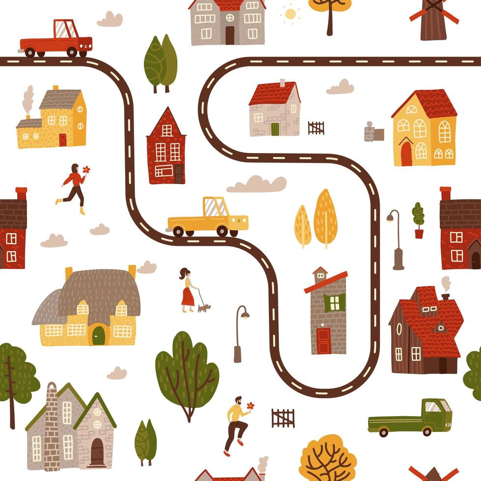 Seamless pattern with simple bright houses, trees, cars and characters. Summer time background. Top view map. Vector flat cartoon background.
