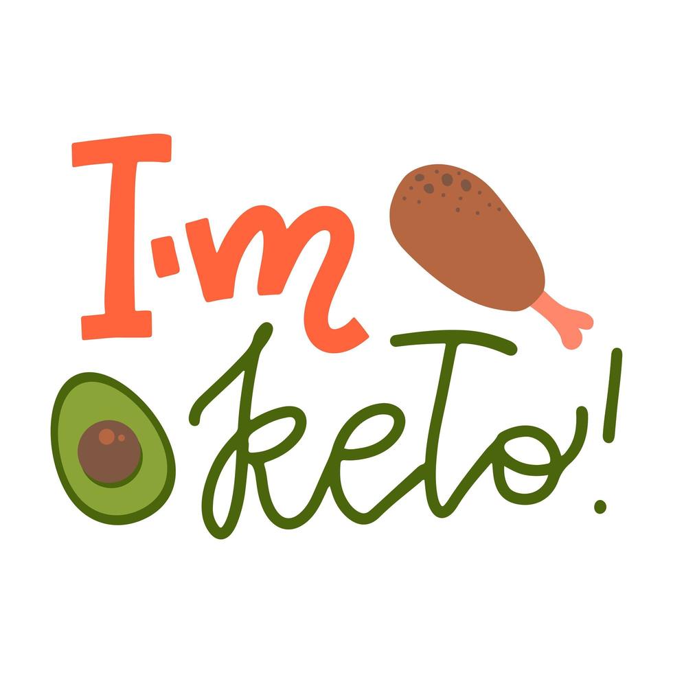 Hand drawn lettering I m keto. Doodle style chicken thigh and avocado on an isolated white background. Design element for banners, cards, posters, menu about the keto diet. Vector flat illustration.