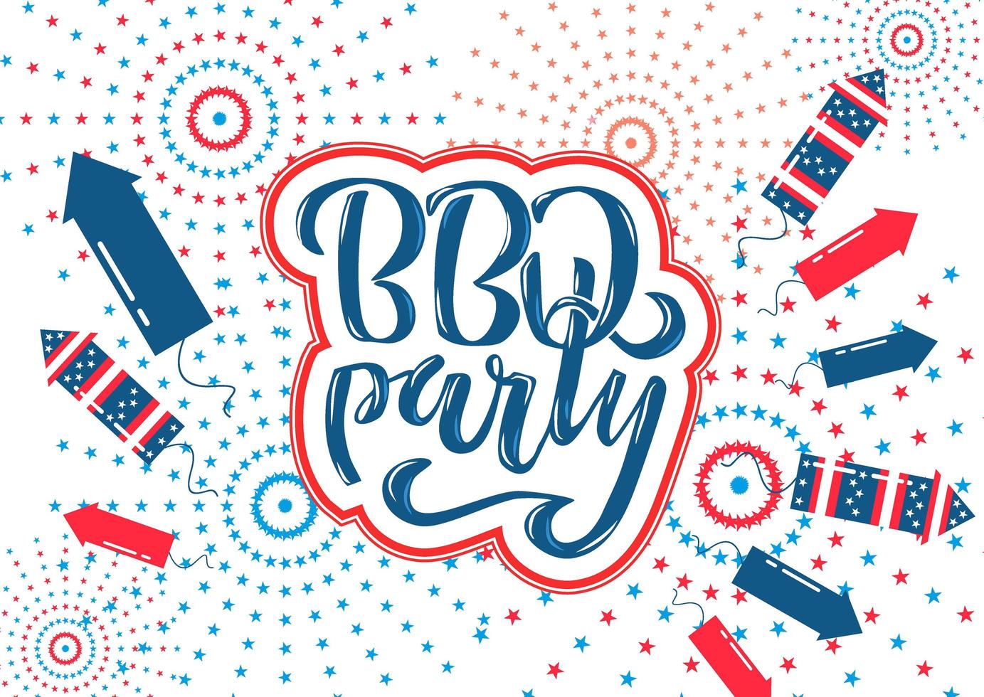 July 4th BBQ Party lettering invitation to American independence day barbeque with July 4th decorations stars, flags, fireworks on white background. Vector hand drawn illustration.