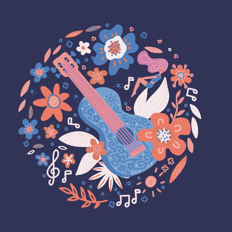 composición circular de guitarra entrelazada de flores. concepto de fondo vectorial del festival misic en estilo dibujado a mano de garabato en colores azul oscuro. vector