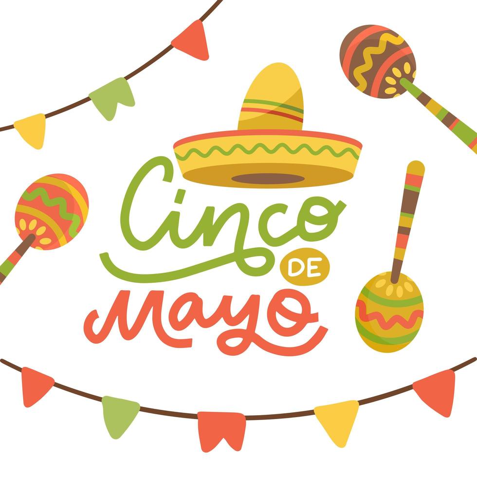 diseño del emblema cinco de mayo con letras de caligrafía dibujadas a mano, sombrero, banderas y maracas - símbolos de vacaciones. aislado sobre fondo blanco. ilustración dibujada a mano plana vectorial. vector