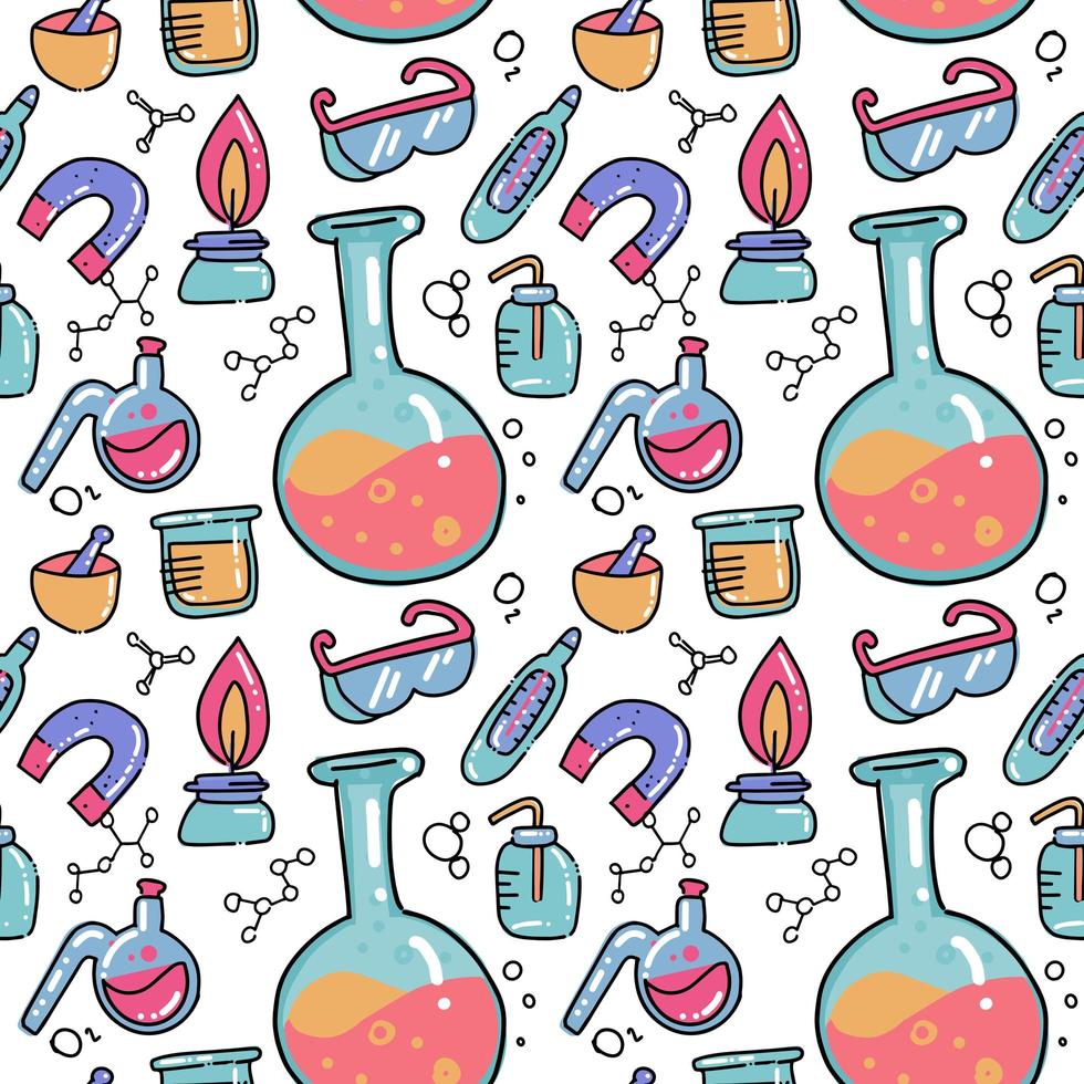 Seamless pattern of decorative color hand drawn chemical lab scientific experiment equipment isolated vector illustration. Set of flasks in doodle style on white background. Chemistry science for kids
