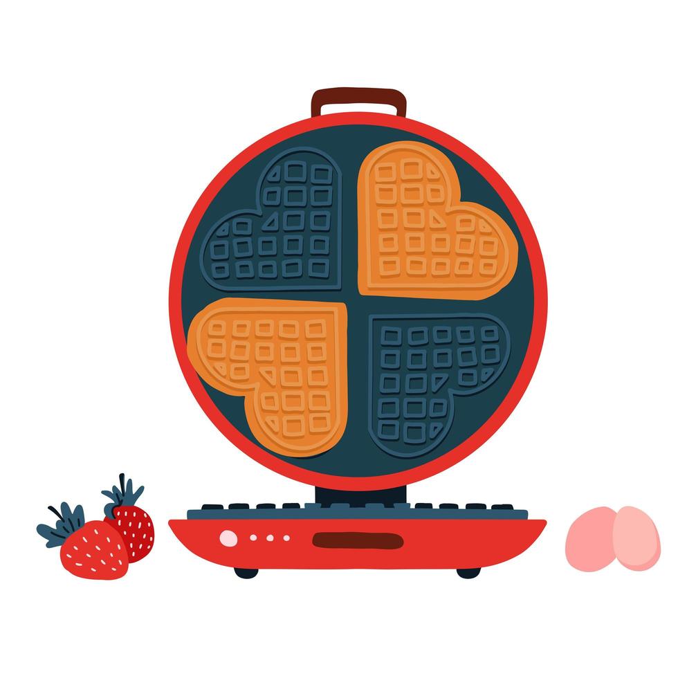 Waffle iron with waffles in the shape of hearts and strawberries in a cartoon flat style. Stock vector illustration. Tasty dessert. Breakfast. Isolated on white background.