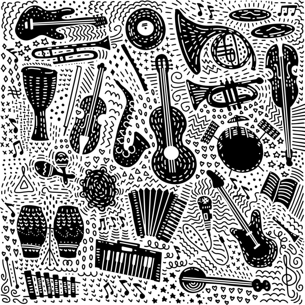 Set of hand drawn Musical Instruments theme isolated on white background. Ornate black doodle set of music theme. Vector illustration