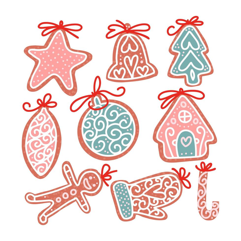 Set of christmas gingerbread cookie in flat hand drawn style. Sweet food with ropes for fir decoration. Icon, symbol, logo. Christmas tree, house, bauble, mitten, star. Vector isolated illustration