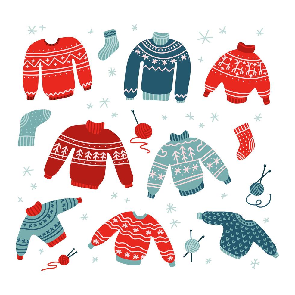 Winter and Christmas ugly and cute sweaters in flat hand drawn style in ...