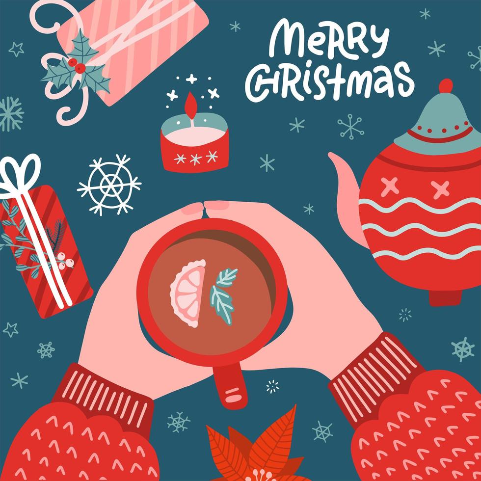 concepto de navidad. mujer en suéter sostiene una taza de té. mesa con olla, vela y cajas de regalo flatlay. ilustración de vector de navidad, composición de arriba hacia abajo.