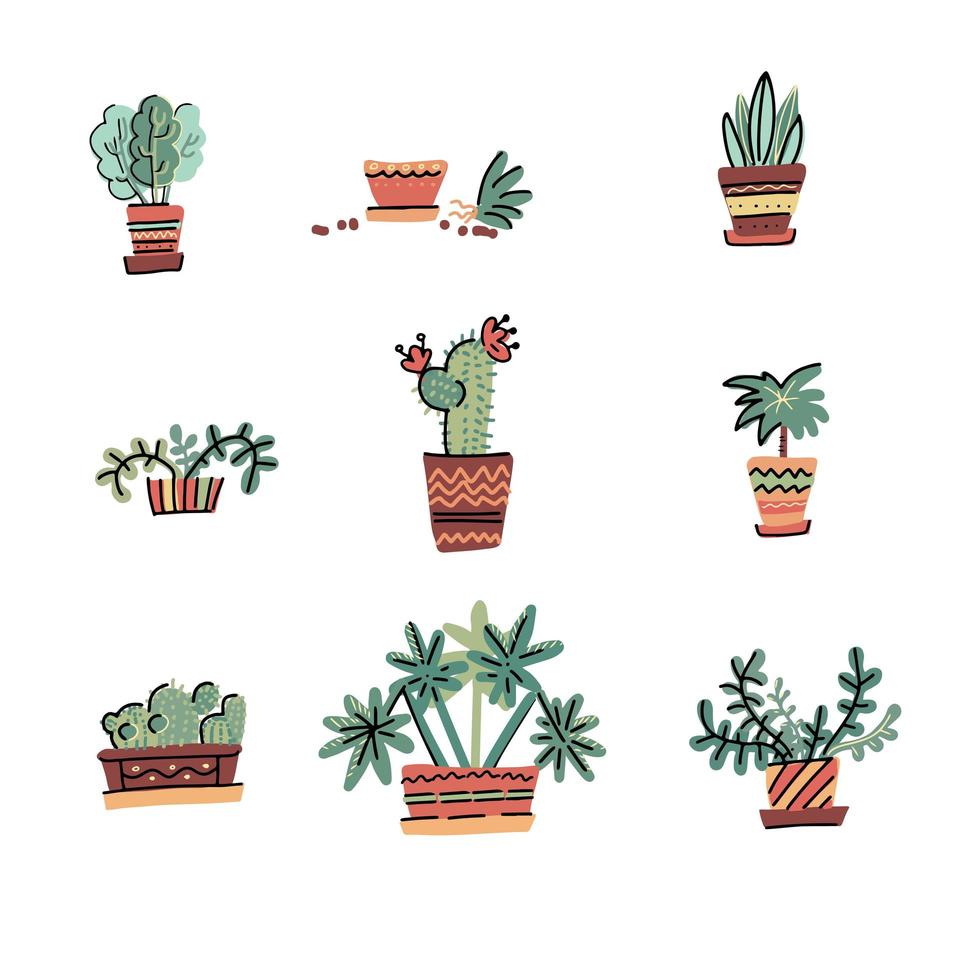 conjunto de adorables elementos de diseño de plantas en miniatura. dibujado a mano contenía plantas de interior. ilustración de estilo escandinavo, decoración casera moderna y elegante. impresión vectorial aislada sobre fondo blanco vector