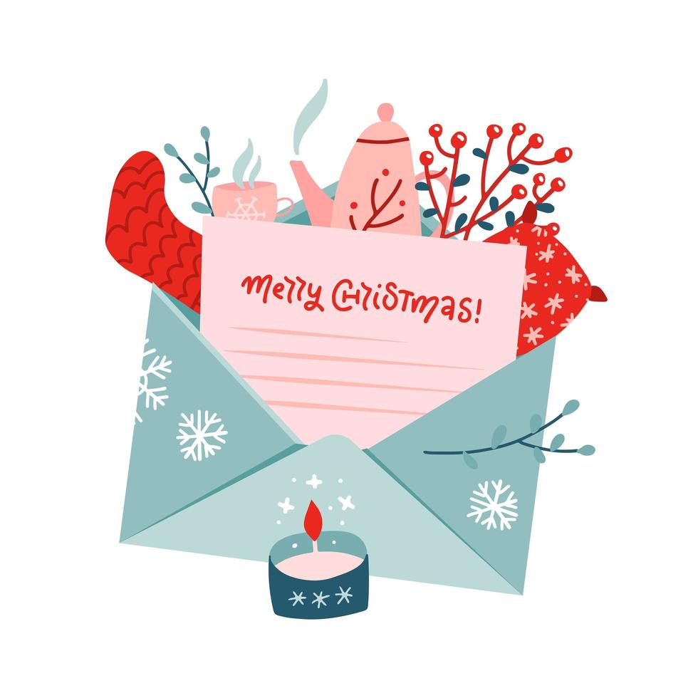 Christmas bouquet with letter in envelope. Set of mistletoe, knitted sock, teapot, pillow, Christmas tree branch, tea cup in Scandinavian style. Concept for winter ad, card. Vector flat Illustration.