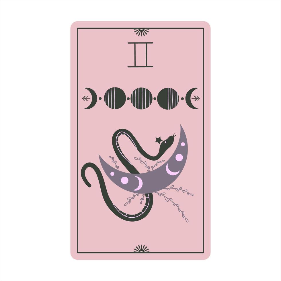Vintage tarot cards with moon phases and snakes isolated on a white background. Celestial magic for occult and divination. Pink light cards. Serpent with moon. Flat vector illustration